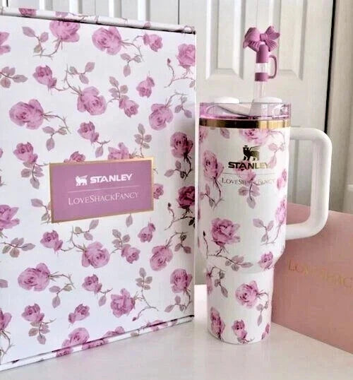 Stanley x LoveShackFancy Quencher H2.0 FlowState Tumbler 40oz – Holiday Rosa Beaux White – Gift Box – Free Shipping